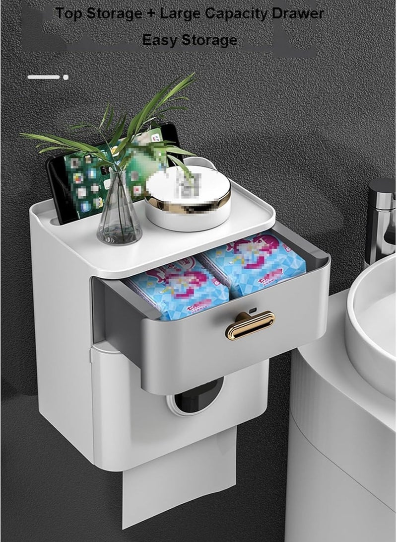 Toilet Paper Holder Self Adhesive Waterproof Toilet Paper Box Wall Mount Toilet Roll Holder with Drawers No Drilling Paper Towel Dispenser for Bathroom Toilet Roll Paper Fold Paper Storage - Image 4