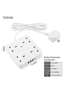 Tafan TAFAN™ Extension Lead with USB C Port, 4 Way Outlets Power Strip with 4 USB Ports (3.4A, 1 Type C and 3 USB-A Ports) Multi Plug Charging with 3M Extension cord for Home Office- White.  - Image 2