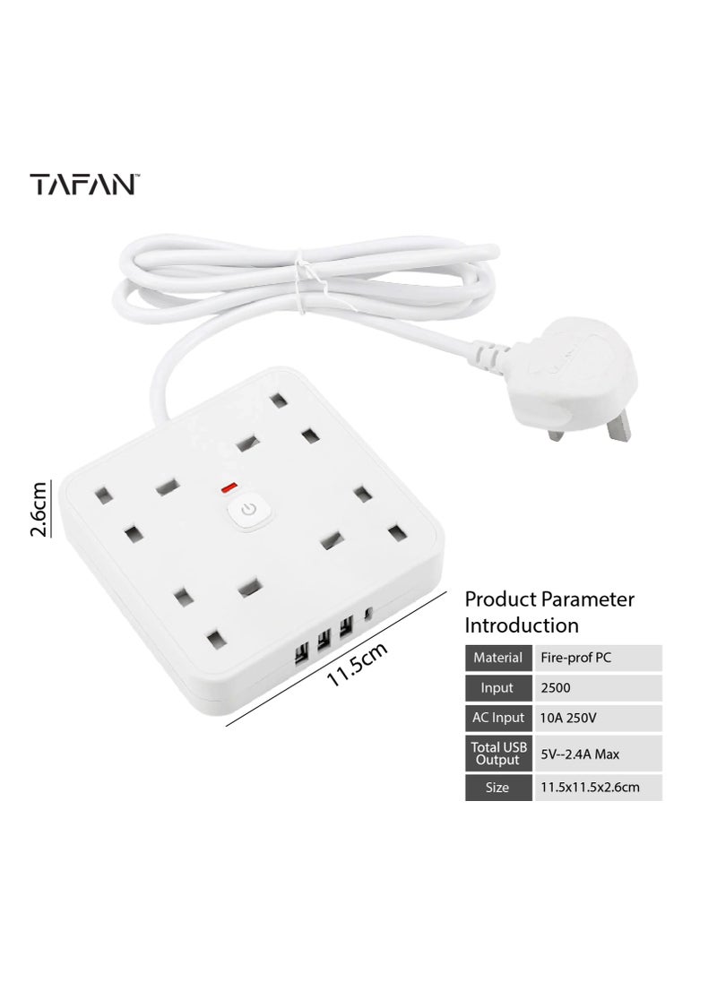 Tafan TAFAN™ Extension Lead with USB C Port, 4 Way Outlets Power Strip with 4 USB Ports (3.4A, 1 Type C and 3 USB-A Ports) Multi Plug Charging with 3M Extension cord for Home Office- White.  - Image 2