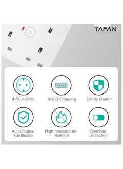Tafan TAFAN™ Extension Lead with USB C Port, 4 Way Outlets Power Strip with 4 USB Ports (3.4A, 1 Type C and 3 USB-A Ports) Multi Plug Charging with 3M Extension cord for Home Office- White.  - Image 3