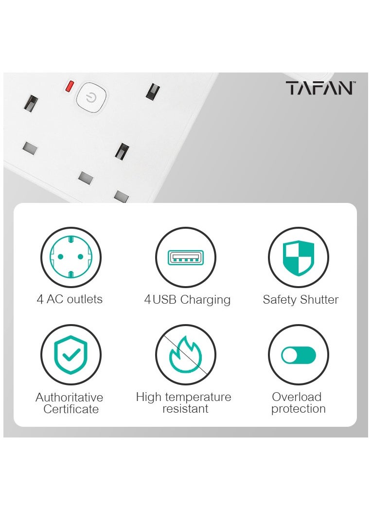 Tafan TAFAN™ Extension Lead with USB C Port, 4 Way Outlets Power Strip with 4 USB Ports (3.4A, 1 Type C and 3 USB-A Ports) Multi Plug Charging with 3M Extension cord for Home Office- White.  - Image 3