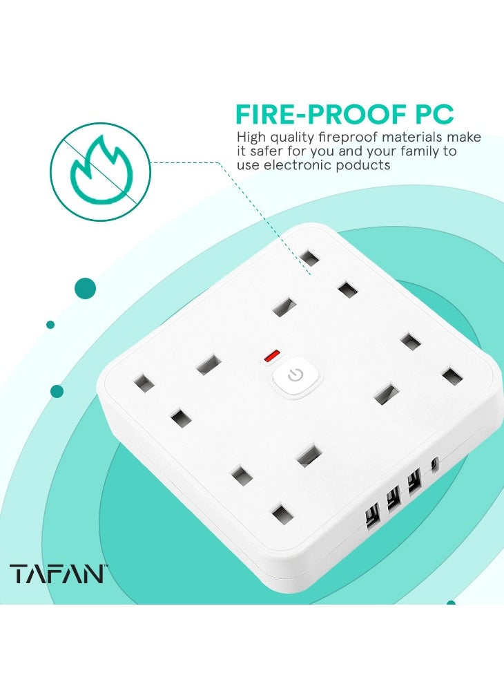 Tafan TAFAN™ Extension Lead with USB C Port, 4 Way Outlets Power Strip with 4 USB Ports (3.4A, 1 Type C and 3 USB-A Ports) Multi Plug Charging with 3M Extension cord for Home Office- White.  - Image 4