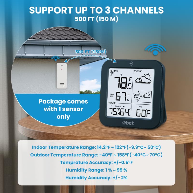 OBET Indoor Outdoor Thermometer Wireless Weather Station, Battery Powered Inside Outside Thermometers Remote Temperature Humidity Monitor with Backlight and Dew-point for Office Bedroom Greenhouse (500 Ft) - Image 4