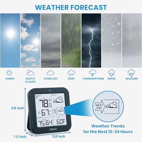 OBET Indoor Outdoor Thermometer Wireless Weather Station, Battery Powered Inside Outside Thermometers Remote Temperature Humidity Monitor with Backlight and Dew-point for Office Bedroom Greenhouse (500 Ft) - Image 3