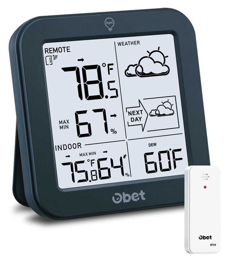 OBET Indoor Outdoor Thermometer Wireless Weather Station, Battery Powered Inside Outside Thermometers Remote Temperature Humidity Monitor with Backlight and Dew-point for Office Bedroom Greenhouse (500 Ft) - Image 1