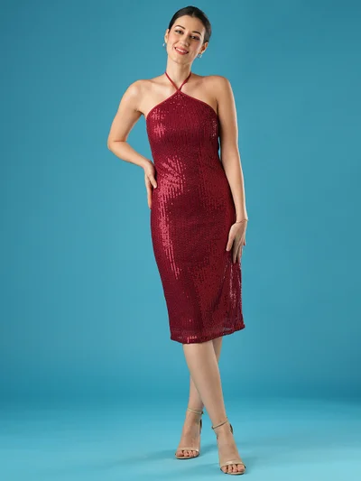globus Women Sequinned Embellished Halter Neck Net Sheath Dress
