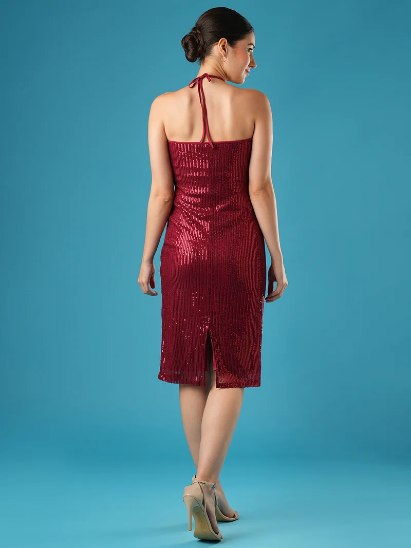 globus Women Sequinned Embellished Halter Neck Net Sheath Dress