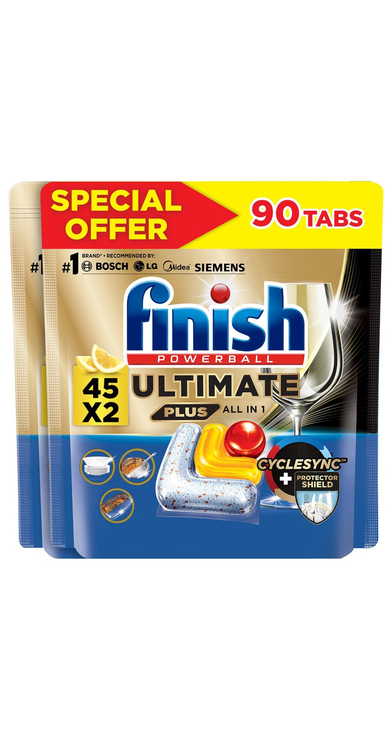 Finish Powerball Ultimate Plus Lemon Fragrance Dishwasher Detergent 2 x 45 Tabs - Image 1