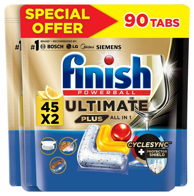 Finish Powerball Ultimate Plus Lemon Fragrance Dishwasher Detergent 2 x 45 Tabs - Image 1