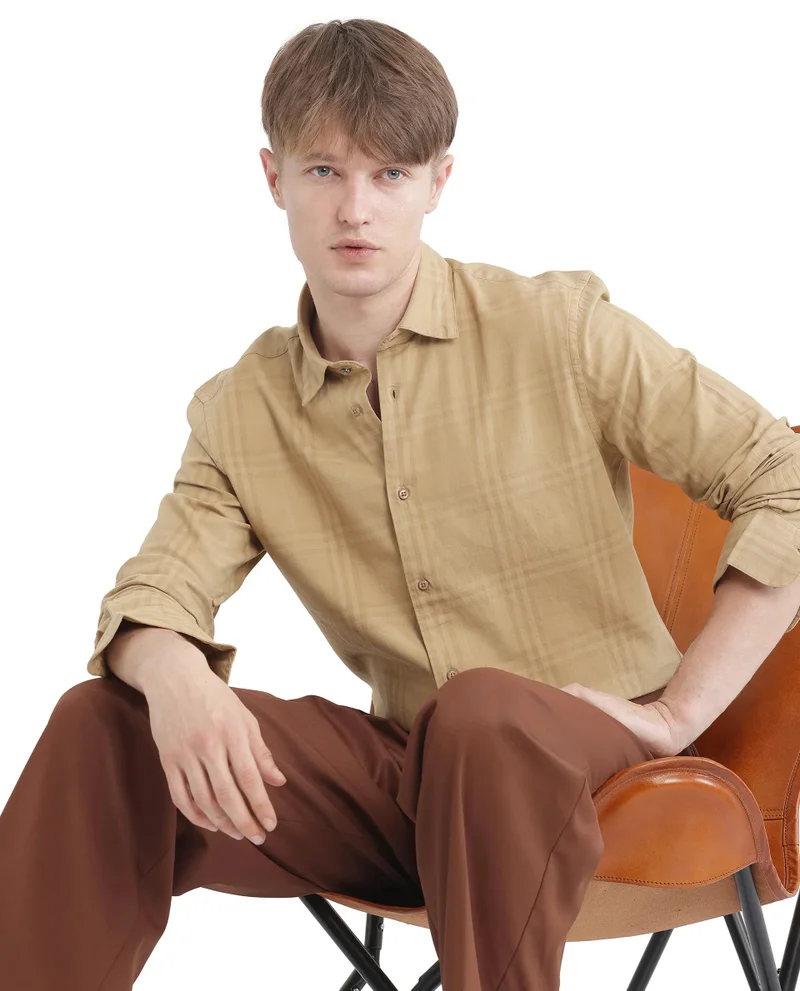 Rare Rabbit Rare Rabbit Men Mucia Beige Cotton Fabric Regular Collar Full Sleeve Regular Fit Plaid Check Shirt
