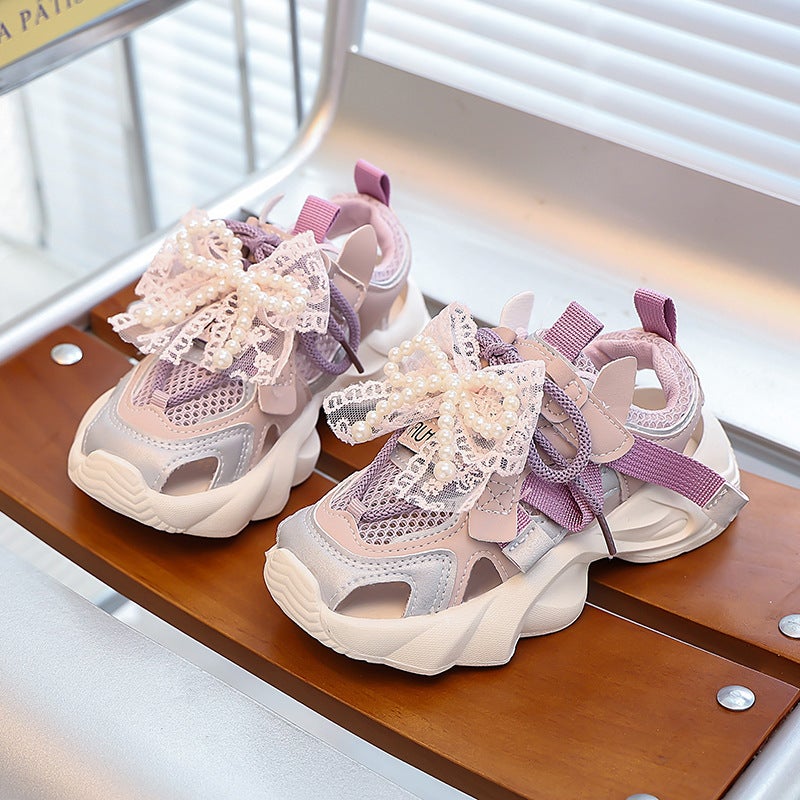 Girls' Closed Toe Sandals Summer Hollow Pearl Bow Net Shoes Girls Soft Sole Single Net Sneaker - Image 3