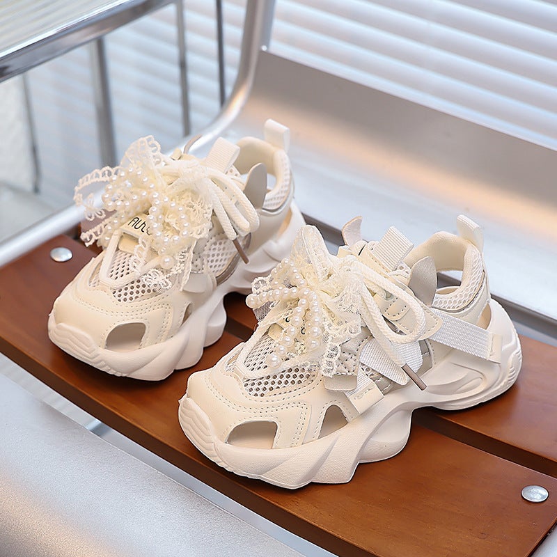 Girls' Closed Toe Sandals Summer Hollow Pearl Bow Net Shoes Girls Soft Sole Single Net Sneaker - Image 5