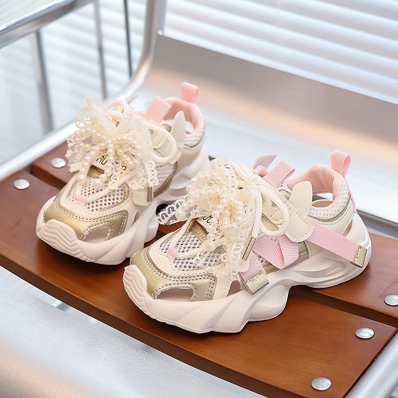 Girls' Closed Toe Sandals Summer Hollow Pearl Bow Net Shoes Girls Soft Sole Single Net Sneaker - Image 4