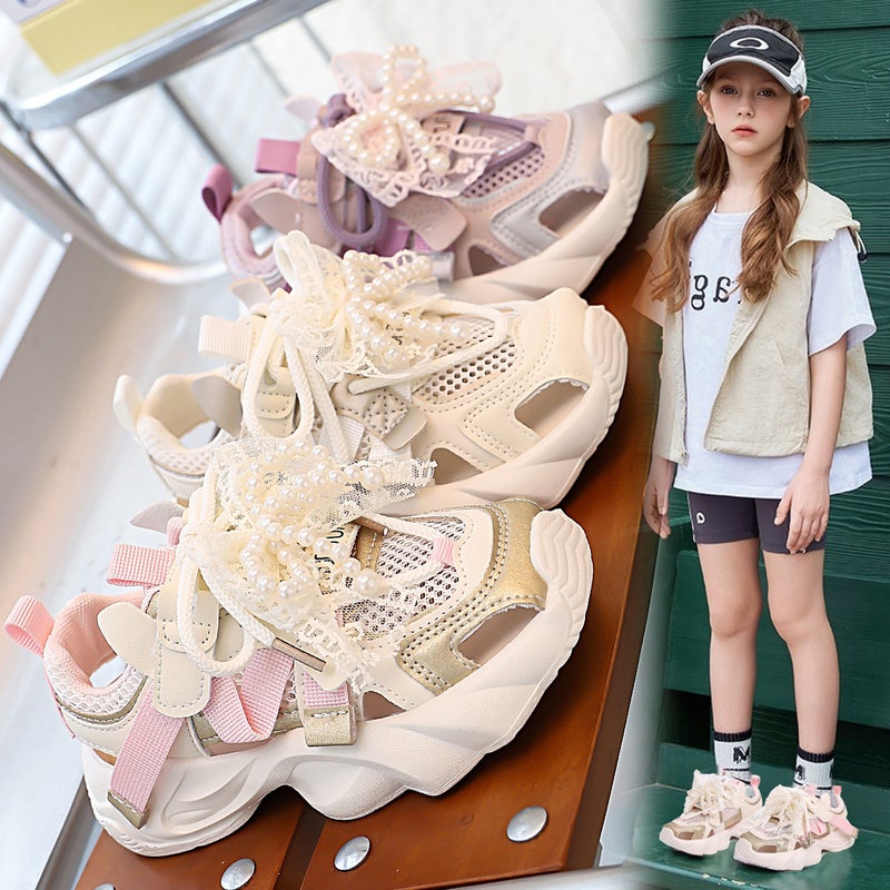 Girls' Closed Toe Sandals Summer Hollow Pearl Bow Net Shoes Girls Soft Sole Single Net Sneaker - Image 2