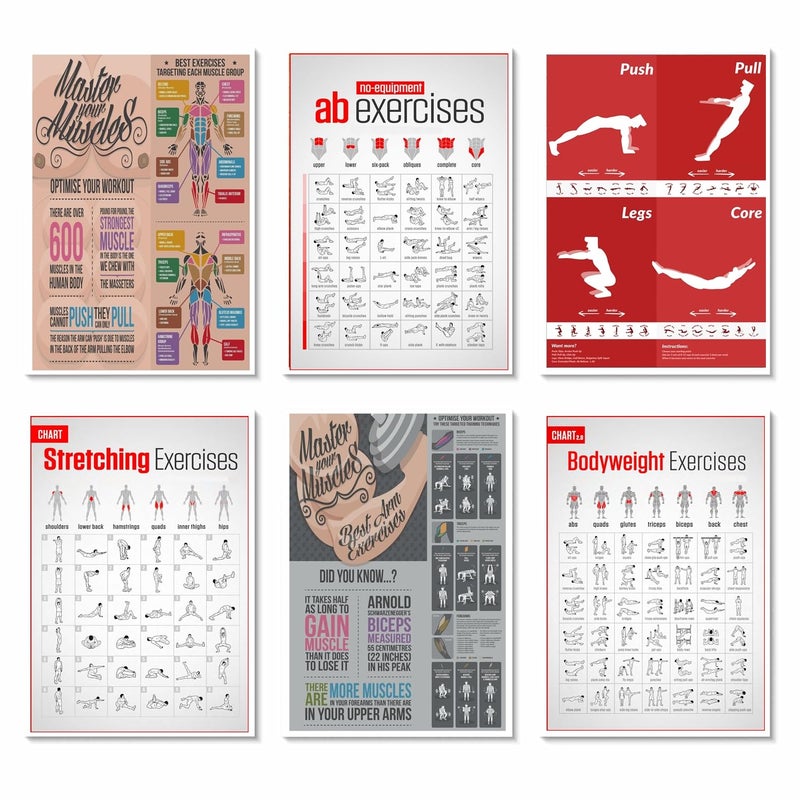 PIXELARTZ Paper Wall Poster Motivational Workout & Exercises Illustrations Bodybuilding Gym Posters HD Quality Posters for Home,Office,Room Wall Multicolor 12x18 inches (Pack of 6 posters) (03,Large) - Image 1