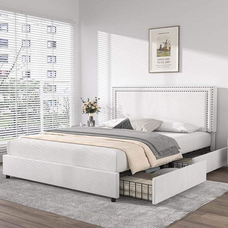 VECELO Queen Size Upholstered Platform Bed Frame with 4 Storage Drawers Adjustable Velvet Rivets Headboard Wooden Slats Support No Box Spring Needed Easy Assembly