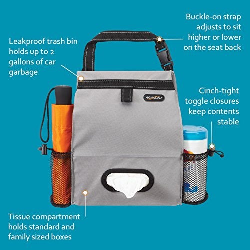 High Road Car Back Seat Trash Bag with Tissue Holder and Cup Holder Pockets - Holds Full Size Tissue Box - 2 Gal Covered Car Trash Can - Image 4
