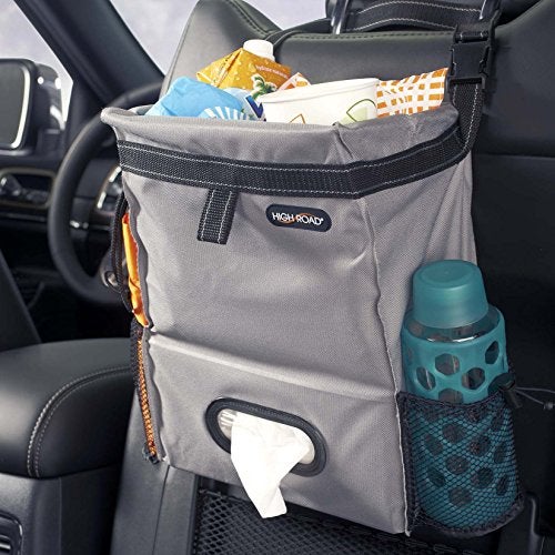 High Road Car Back Seat Trash Bag with Tissue Holder and Cup Holder Pockets - Holds Full Size Tissue Box - 2 Gal Covered Car Trash Can - Image 1