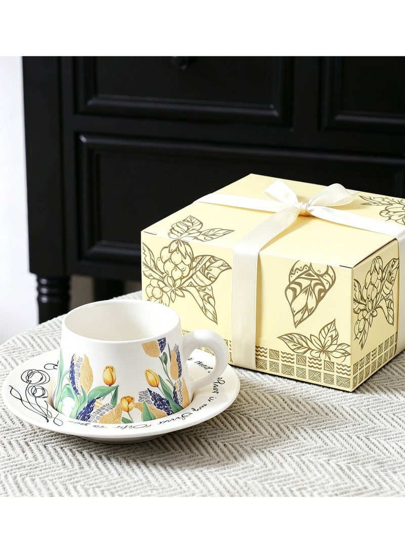 Retro Ceramic Coffee Cup and Saucer Gift Set, 280ml Large Capacity Coffee Cup Set with Gift Box, Elegant Floral Hand-Painted Design, Perfect for Coffee, Tea and Espresso Lovers, Best Gift for Family, Friends, Ramadan, Eid, Housewarmings, Birthday and Any Other Occasions - Image 1