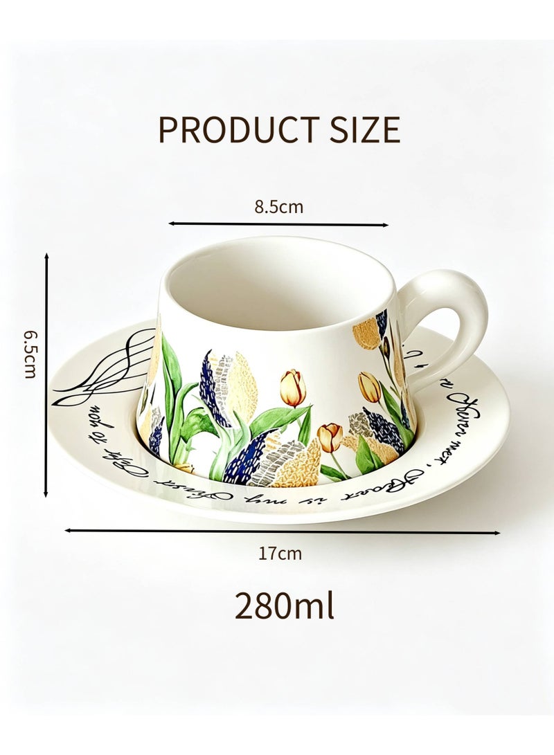 Retro Ceramic Coffee Cup and Saucer Gift Set, 280ml Large Capacity Coffee Cup Set with Gift Box, Elegant Floral Hand-Painted Design, Perfect for Coffee, Tea and Espresso Lovers, Best Gift for Family, Friends, Ramadan, Eid, Housewarmings, Birthday and Any Other Occasions - Image 3