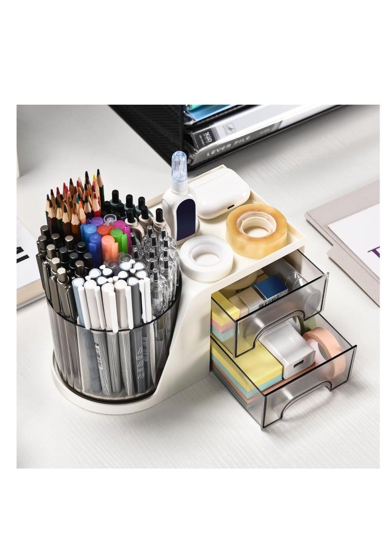 Excefore "Desk Organizer with 2 Drawer, 360° Rotating Pencil Pen Holder for Desk, Desk Organizers and Accessories with 4 Compartments + Drawer for Office Home Art Supplies, White "  - Image 4