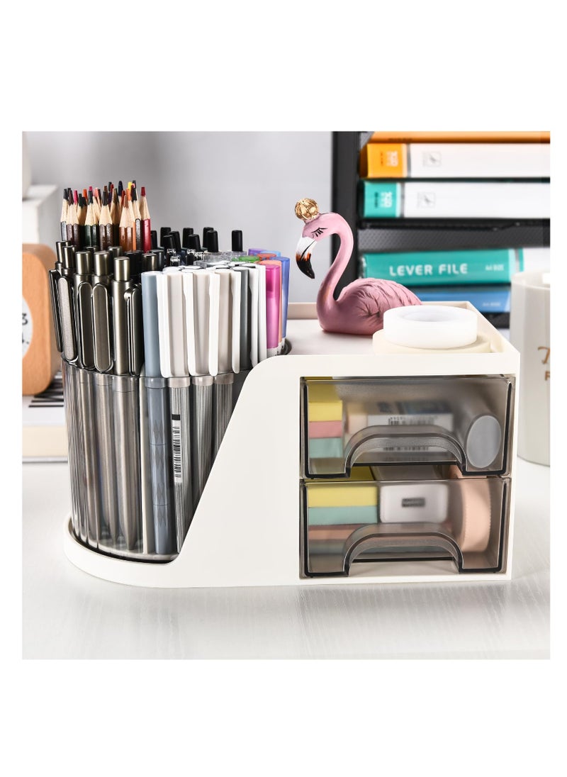 Excefore "Desk Organizer with 2 Drawer, 360° Rotating Pencil Pen Holder for Desk, Desk Organizers and Accessories with 4 Compartments + Drawer for Office Home Art Supplies, White "  - Image 2