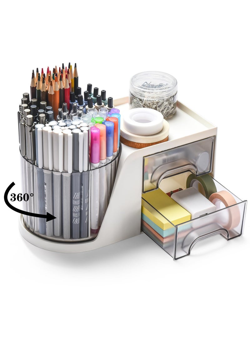 Excefore "Desk Organizer with 2 Drawer, 360° Rotating Pencil Pen Holder for Desk, Desk Organizers and Accessories with 4 Compartments + Drawer for Office Home Art Supplies, White "  - Image 3