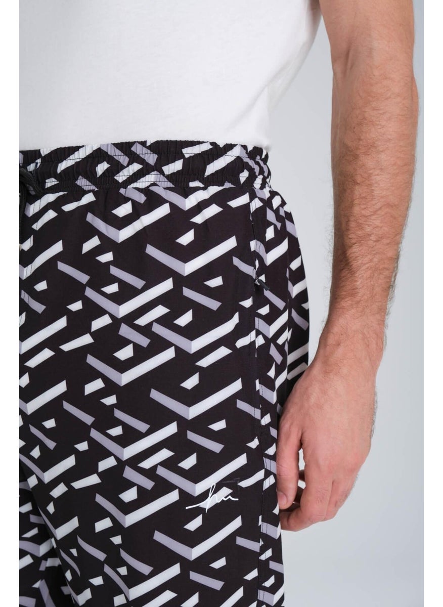 Black Long Men's Pool and Sea Shorts with Hasema Pattern 24-17