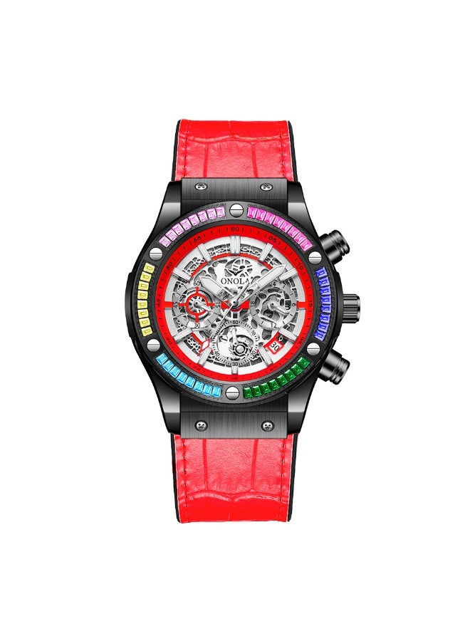 أونولا ساعة كوارتز أنيقة متعددة الوظائف مقاومة للماء من الجلد الأصلي ومرصعة بالألماس بألوان قوس قزح