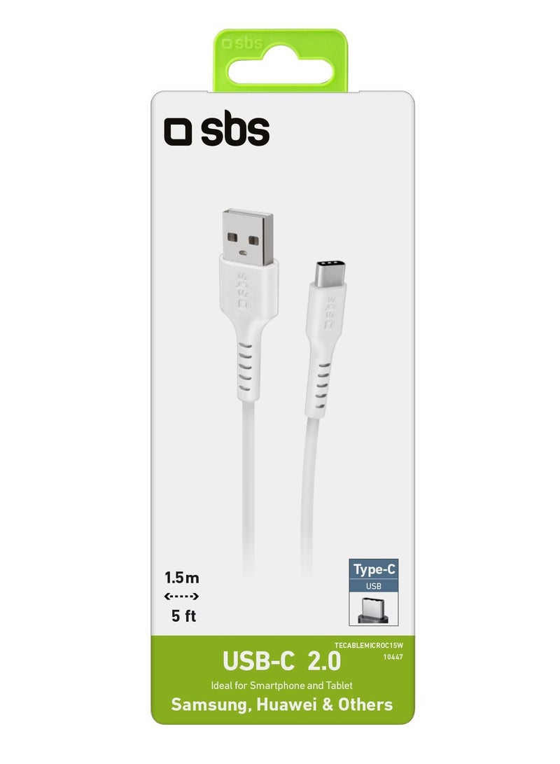 SBS كابل بيانات السفر USB 2.0 إلى Type C للهواتف الذكية، طول 1.5 متر، اللون الأبيض مناسب لأجهزة Apple وSamsung وHuawei وXiaomi وLG وغيرها. - Image 2