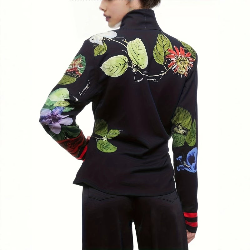 High Neck Slim Fit Long Sleeve T-Shirt with Floral Print - Image 2
