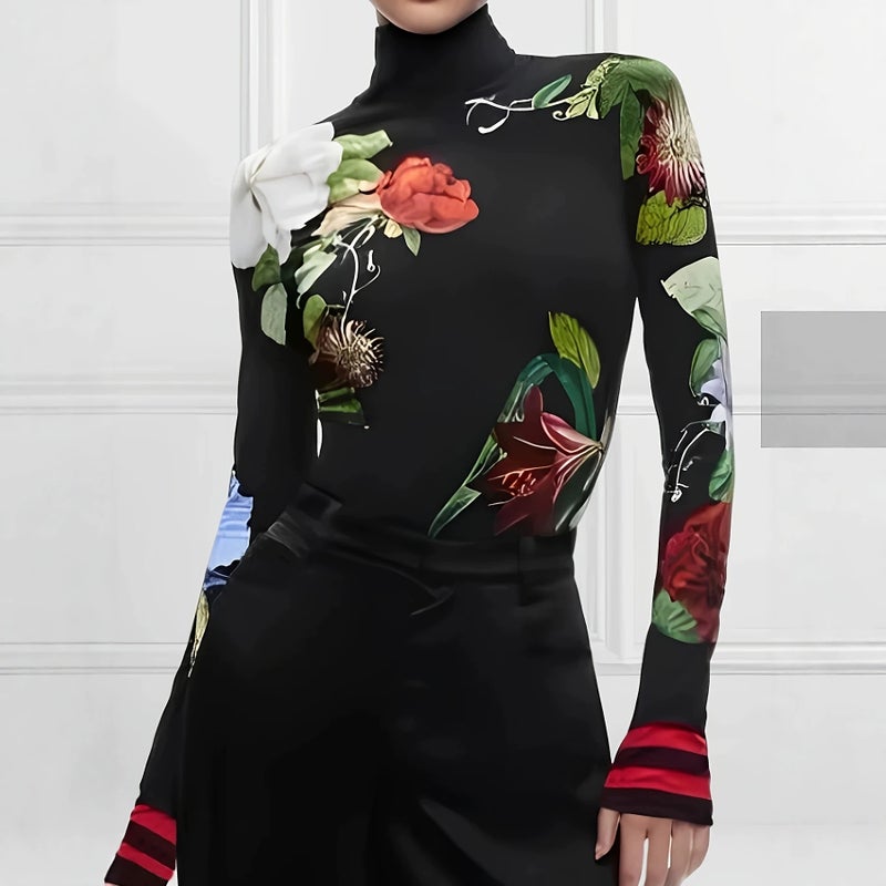 High Neck Slim Fit Long Sleeve T-Shirt with Floral Print - Image 1