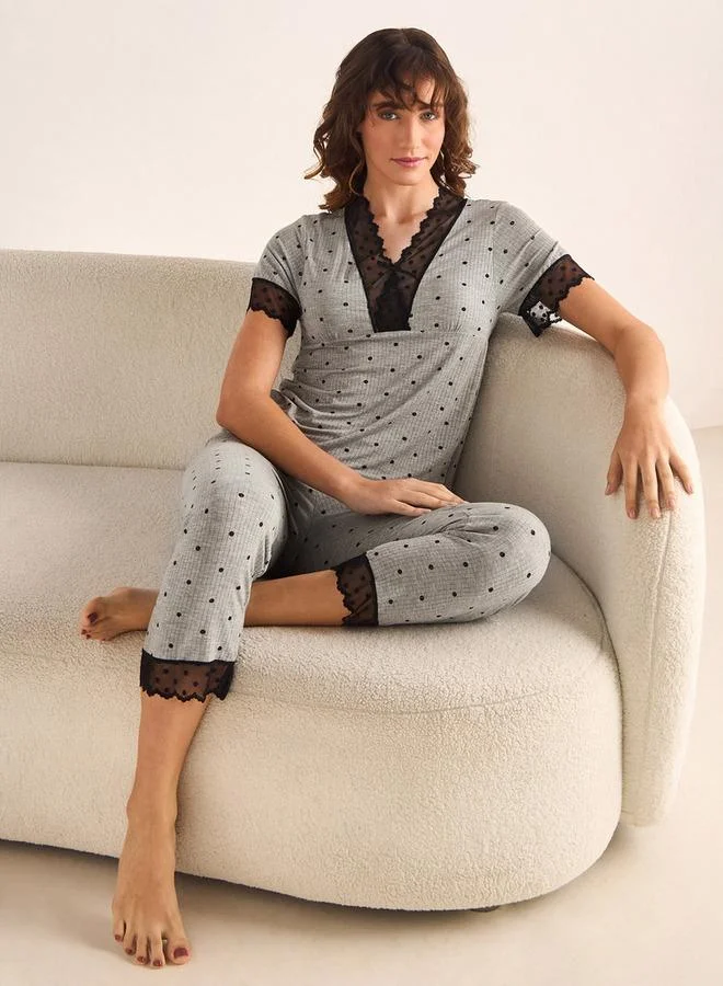 Splash FAV Polka Dot Lace Top and Pyjama Set