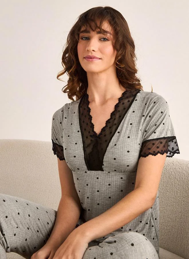 Splash FAV Polka Dot Lace Top and Pyjama Set