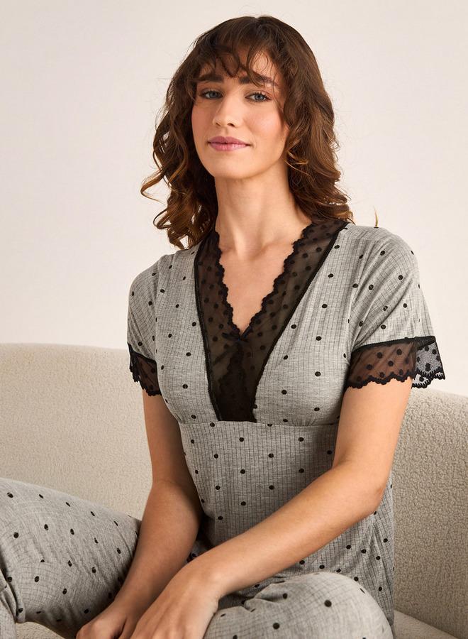 سبلاش فيڤ طقم بيجامة وبلوزة من الدانتيل بنقاط البولكا - Image 2