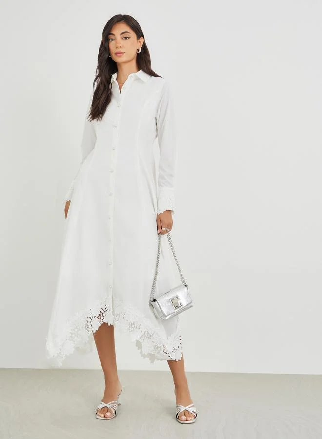 Styli Styli Solid Lace Insert Long Sleeves Shirt Midi Dress