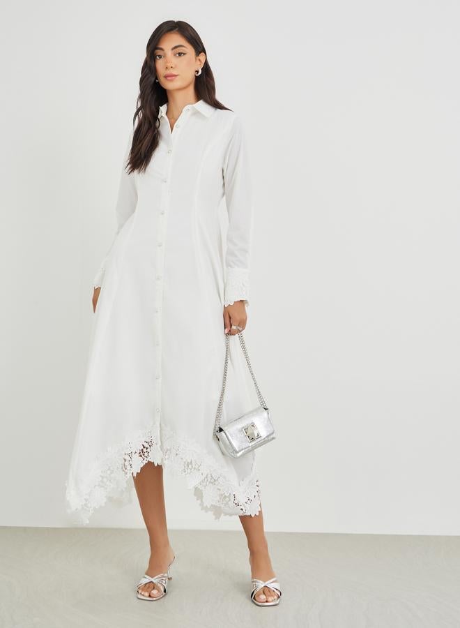 Styli Solid Lace Insert Long Sleeves Shirt Midi Dress - Image 1