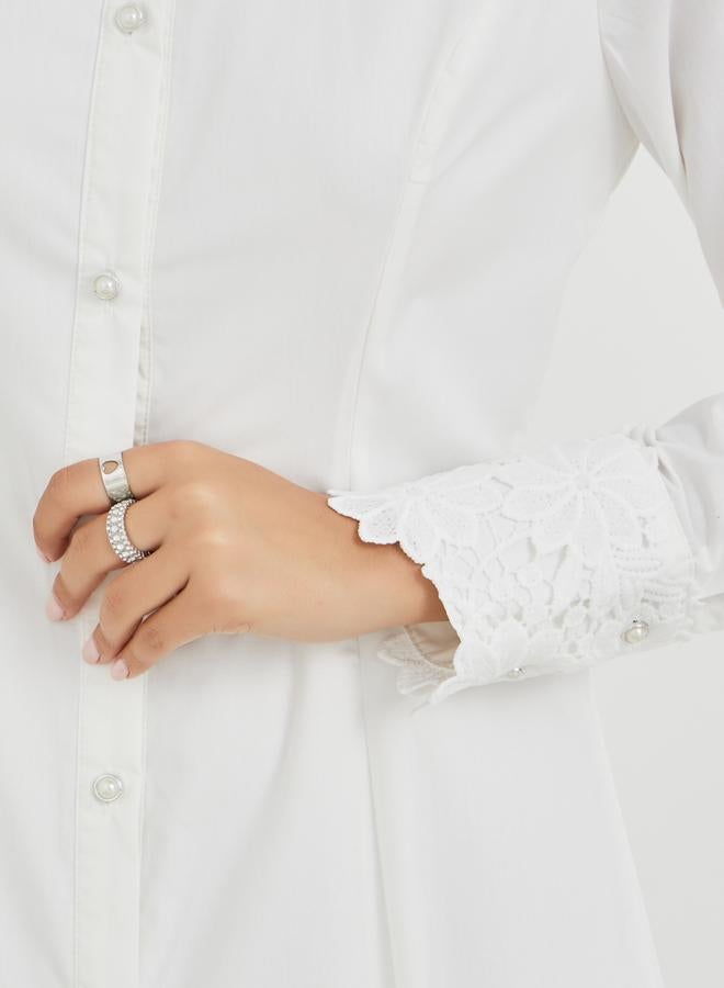 Styli Solid Lace Insert Long Sleeves Shirt Midi Dress - Image 4