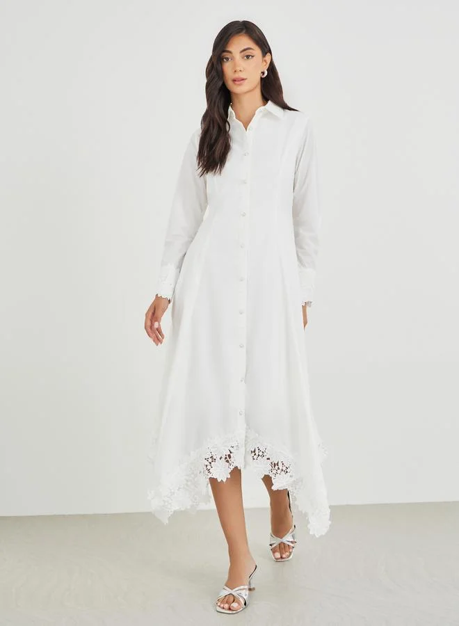 Styli Styli Solid Lace Insert Long Sleeves Shirt Midi Dress