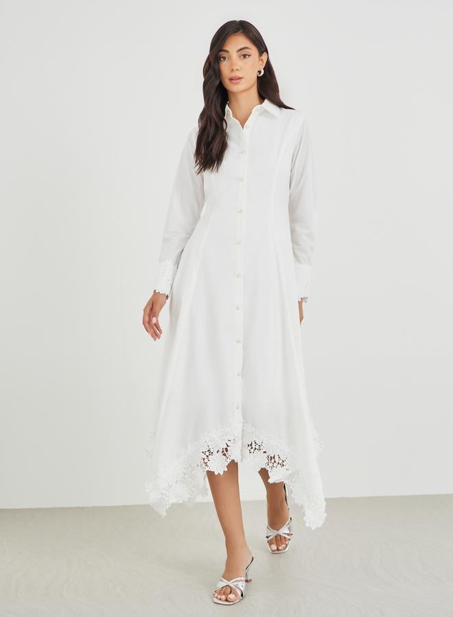 Styli Solid Lace Insert Long Sleeves Shirt Midi Dress - Image 2