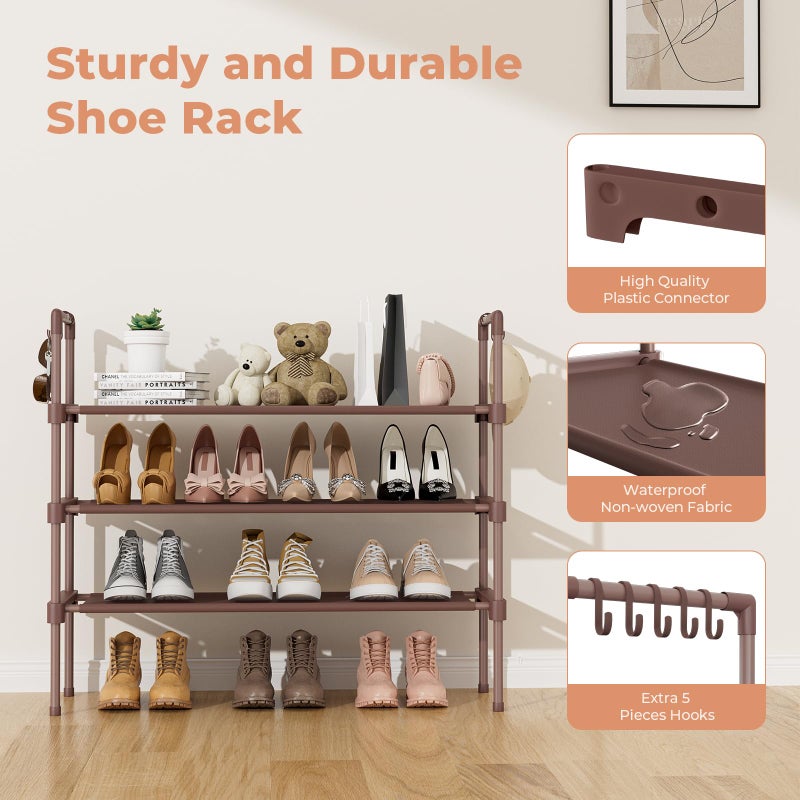 LANTEFUL 3 Tier Shoe Rack for Closet Shoe Organizer with 5 Hooks, Long Shoe Shelf Storage for Shoe and Boot Stackable Free Standing Shoe Rack for Entryway, Garage, Small Spaces, Dorm, Brown - Image 4