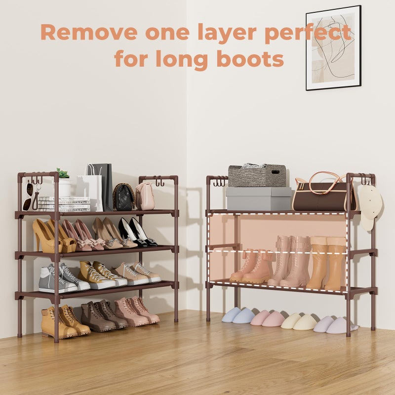 LANTEFUL 3 Tier Shoe Rack for Closet Shoe Organizer with 5 Hooks, Long Shoe Shelf Storage for Shoe and Boot Stackable Free Standing Shoe Rack for Entryway, Garage, Small Spaces, Dorm, Brown - Image 5
