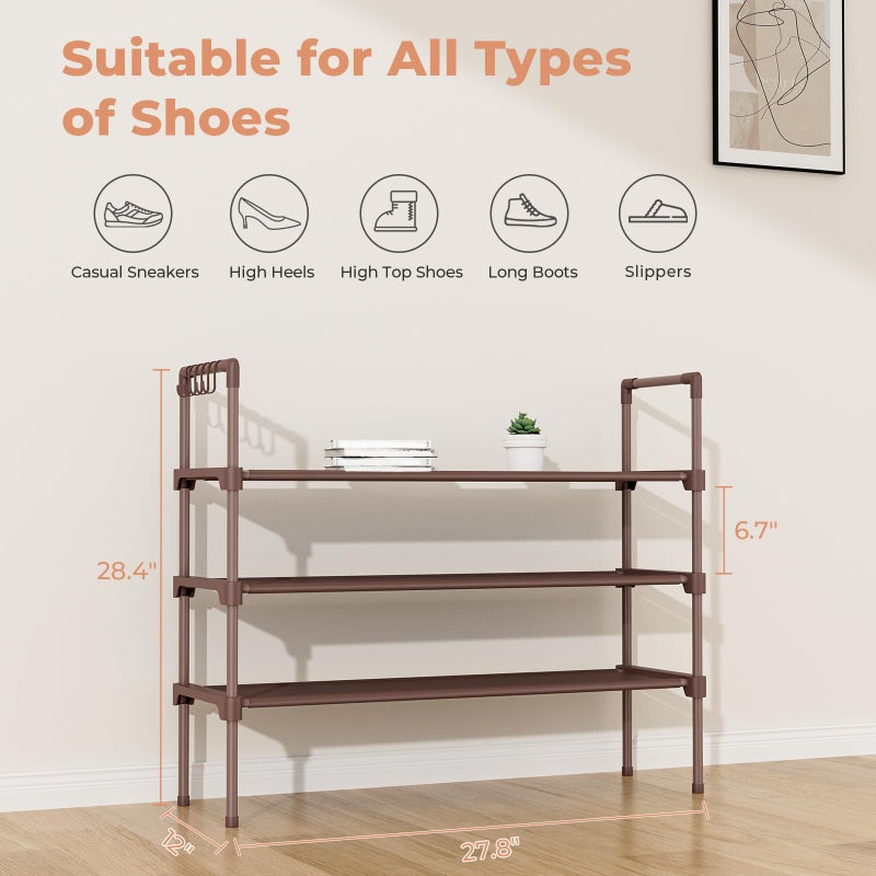LANTEFUL 3 Tier Shoe Rack for Closet Shoe Organizer with 5 Hooks, Long Shoe Shelf Storage for Shoe and Boot Stackable Free Standing Shoe Rack for Entryway, Garage, Small Spaces, Dorm, Brown - Image 3