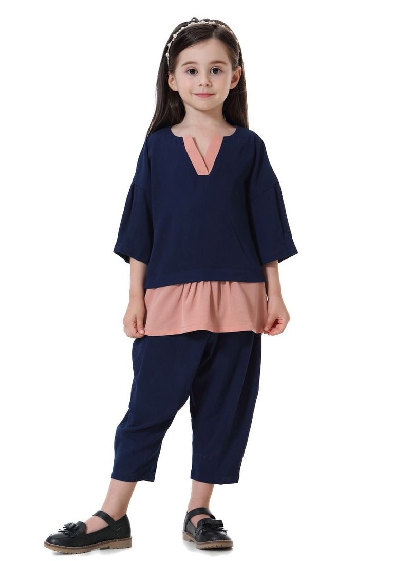 Loquat Girl's 2-Piece Set Outfit Mid-Sleeve Top And Loose Cropped Pants Suit Navy Blue/Dusty Pink  - Image 1