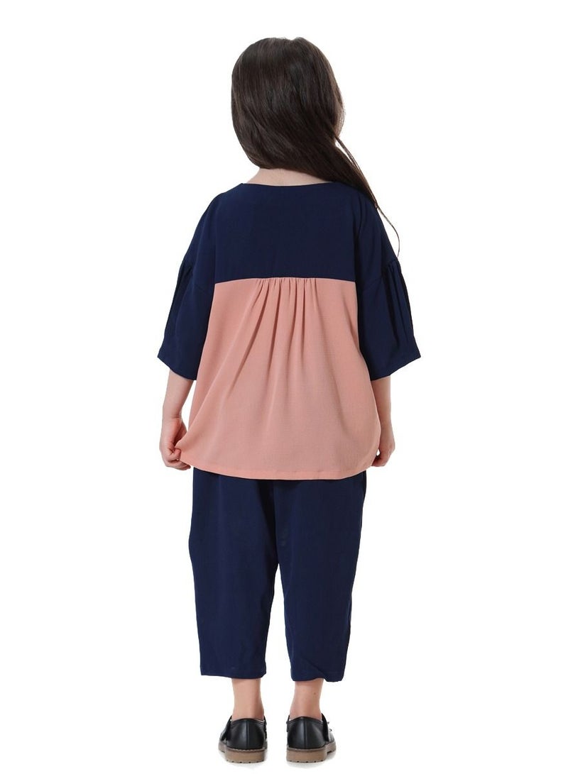 Loquat Girl's 2-Piece Set Outfit Mid-Sleeve Top And Loose Cropped Pants Suit Navy Blue/Dusty Pink  - Image 3
