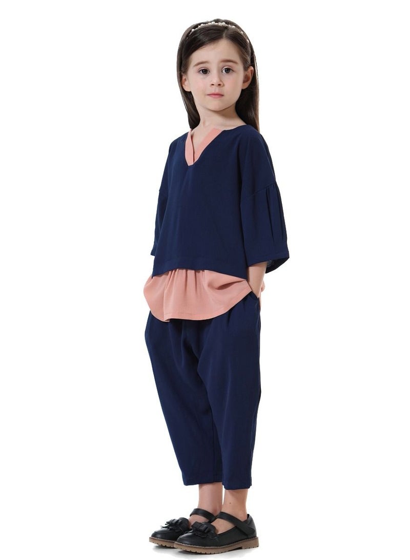 Loquat Girl's 2-Piece Set Outfit Mid-Sleeve Top And Loose Cropped Pants Suit Navy Blue/Dusty Pink  - Image 2