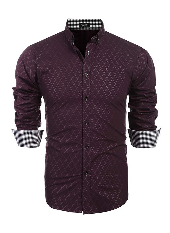 NIBEMINENT Men Fashion Slim Fit Turn Down Collar Long Sleeve Button Casual Shirts Wine Red - Image 1