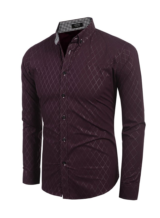 NIBEMINENT Men Fashion Slim Fit Turn Down Collar Long Sleeve Button Casual Shirts Wine Red - Image 3