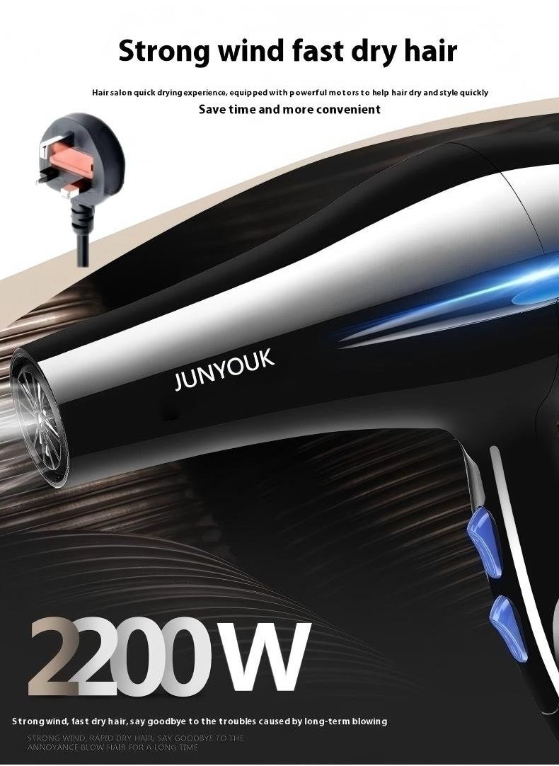 JUNYOUK 6-in-1 Ionic Hair Dryer, Salon Professional Blow Dryer 2200W AC Motor Fast Drying with 2 Speed, 3 Heat Setting, with Diffuser, Nozzle, Concentrator Comb for Curly and Straight Hair，comb  - Image 2