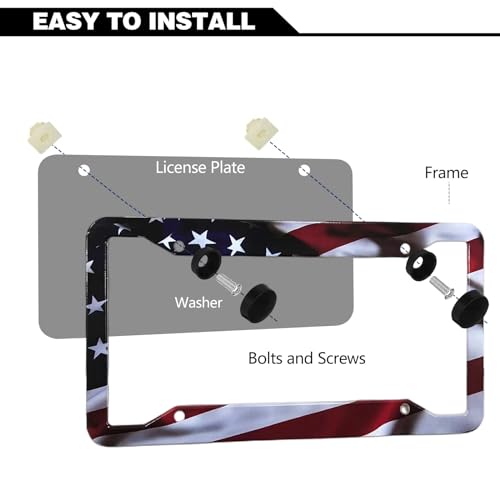 LIN KANG American Flag License Plate Frame Holder - 2 Pack Universal Aluminum Matte Stripe US Flag Gloss Patriotic Car Plate Frame Covers with Free Screws Fasteners Caps - Image 3